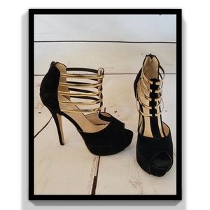 Suede Black with Gold Straps Platform Heels SZ 9